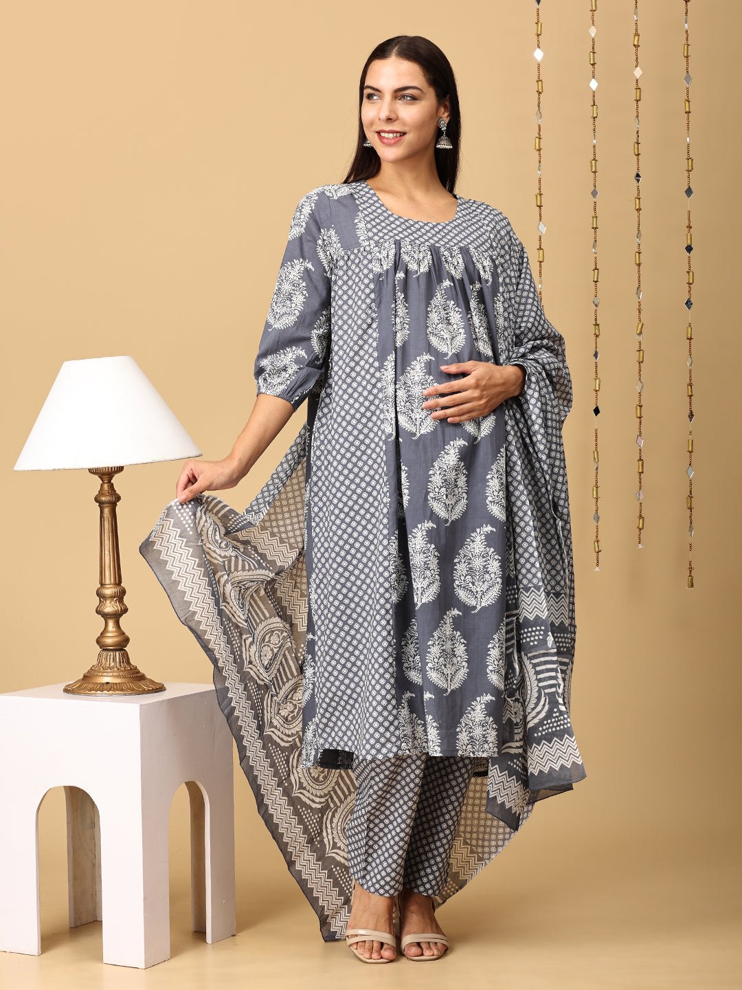  Naval Nirvana Maternity and Nursing Kurta Set Grey