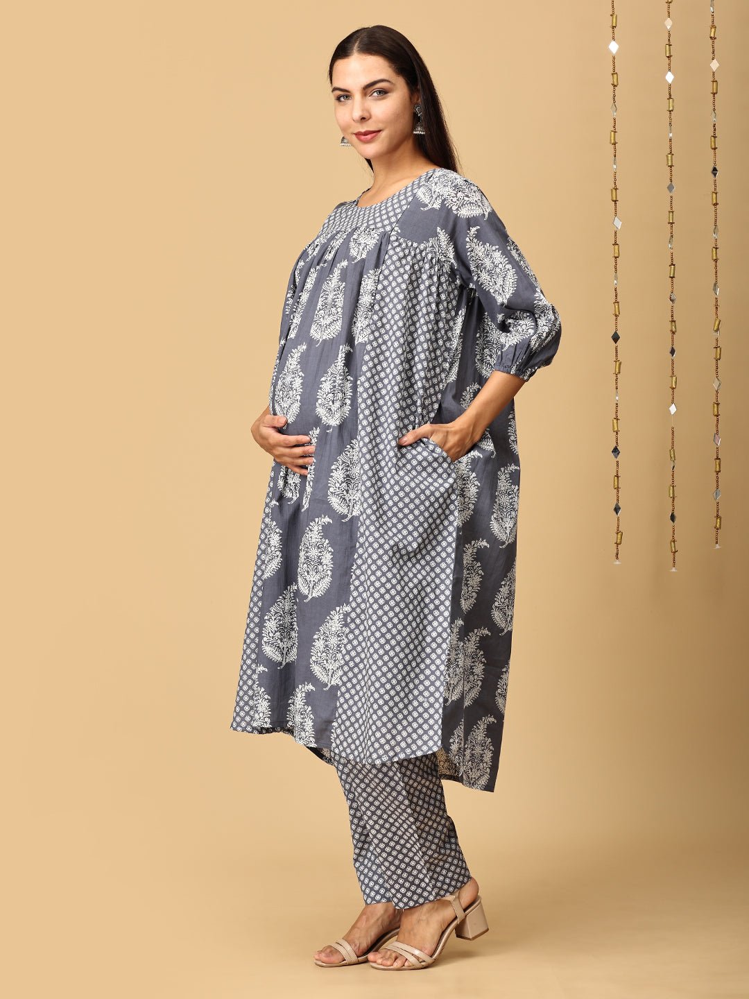  Naval Nirvana Maternity and Nursing Kurta Set Grey