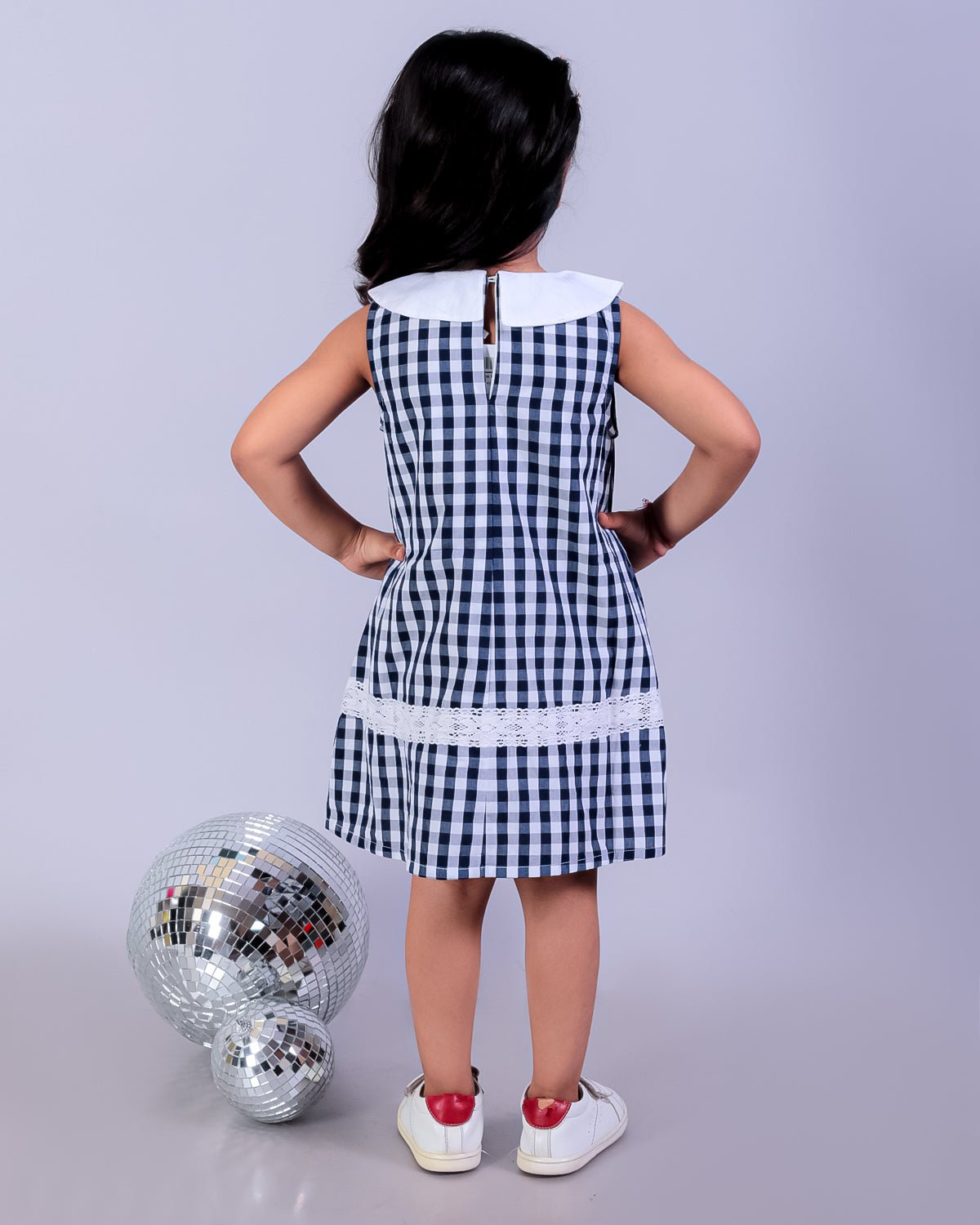 Navy Blue Checkered Girls Sleeveless Peter Pan Collar Dress