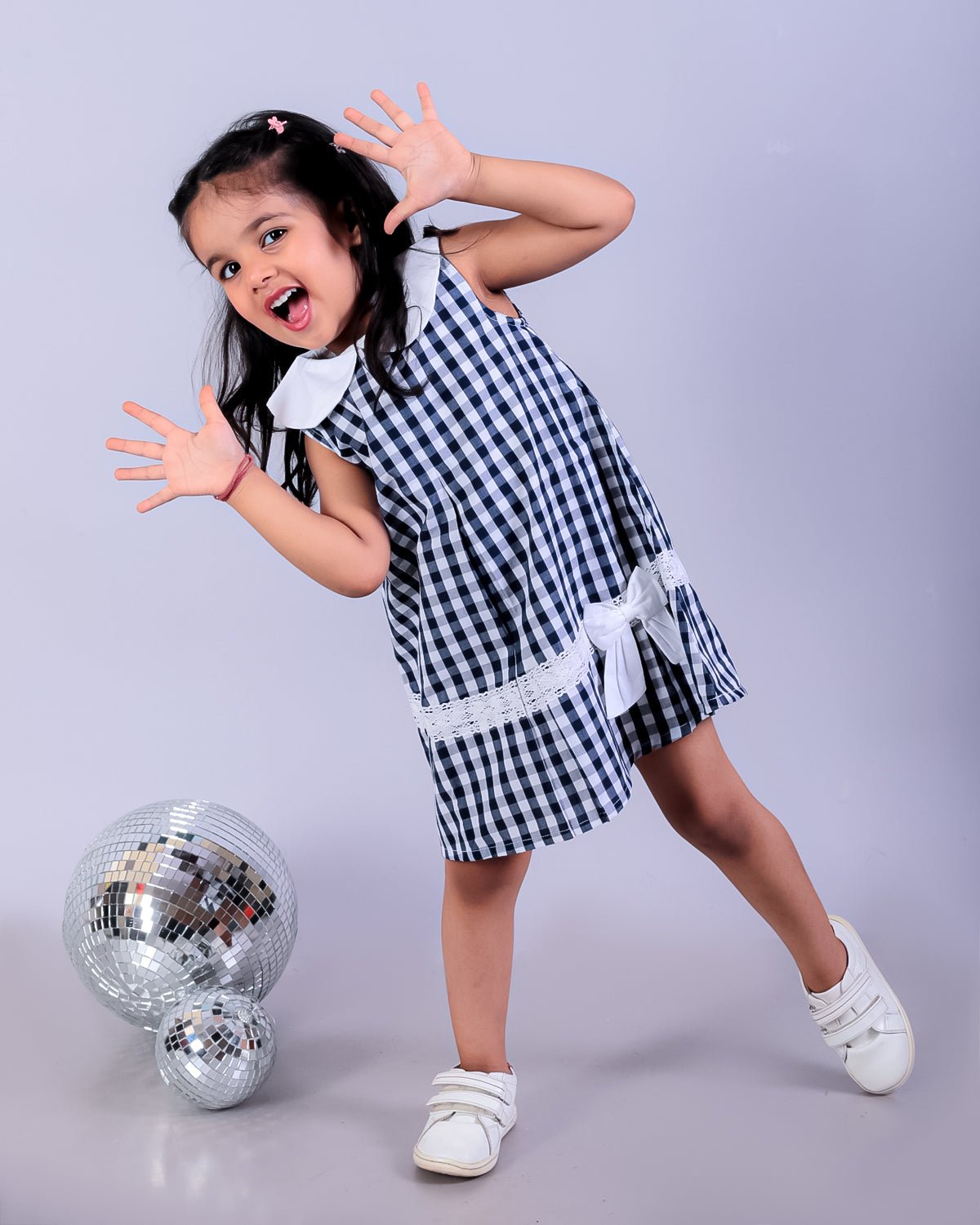 Navy Blue Checkered Girls Sleeveless Peter Pan Collar Dress