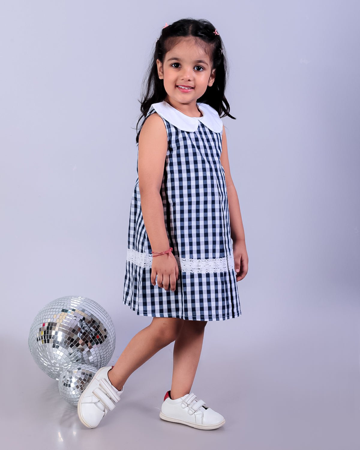 Navy Blue Checkered Girls Sleeveless Peter Pan Collar Dress