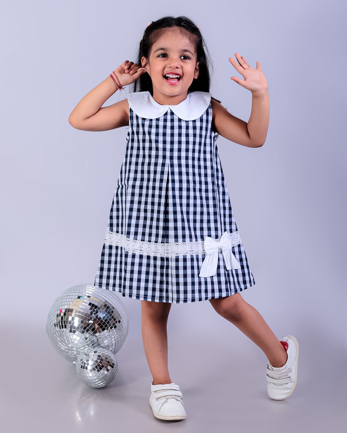 Navy Blue Checkered Girls Sleeveless Peter Pan Collar Dress