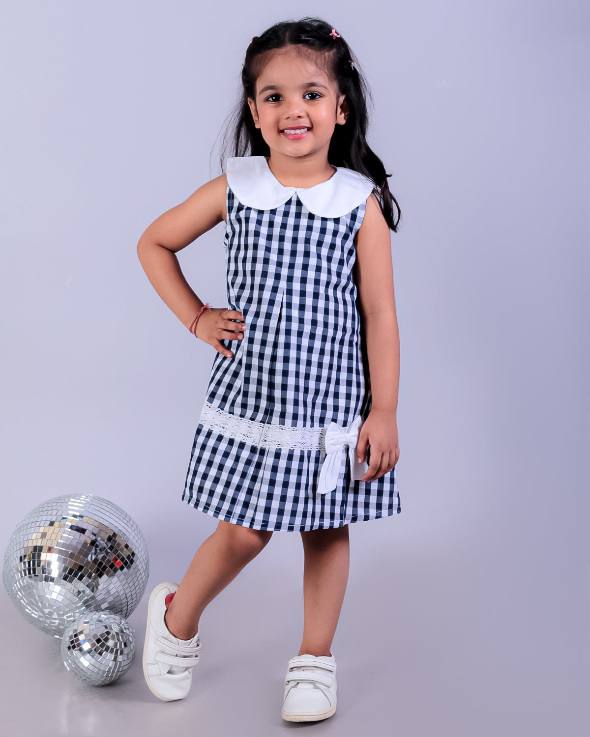 Navy Blue Checkered Girls Sleeveless Peter Pan Collar Dress
