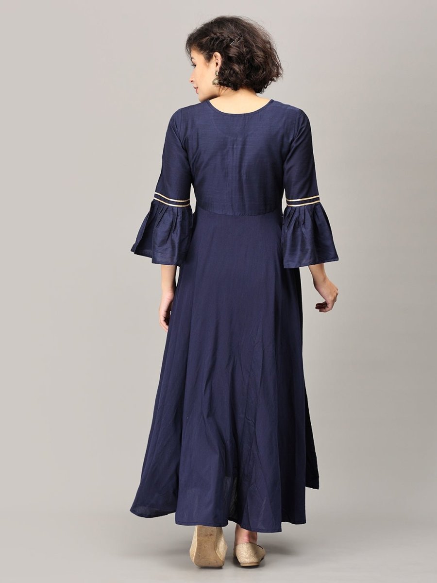  Navy Flared Floral Gold Foil Print Maternity and Nursing Kurti Navy