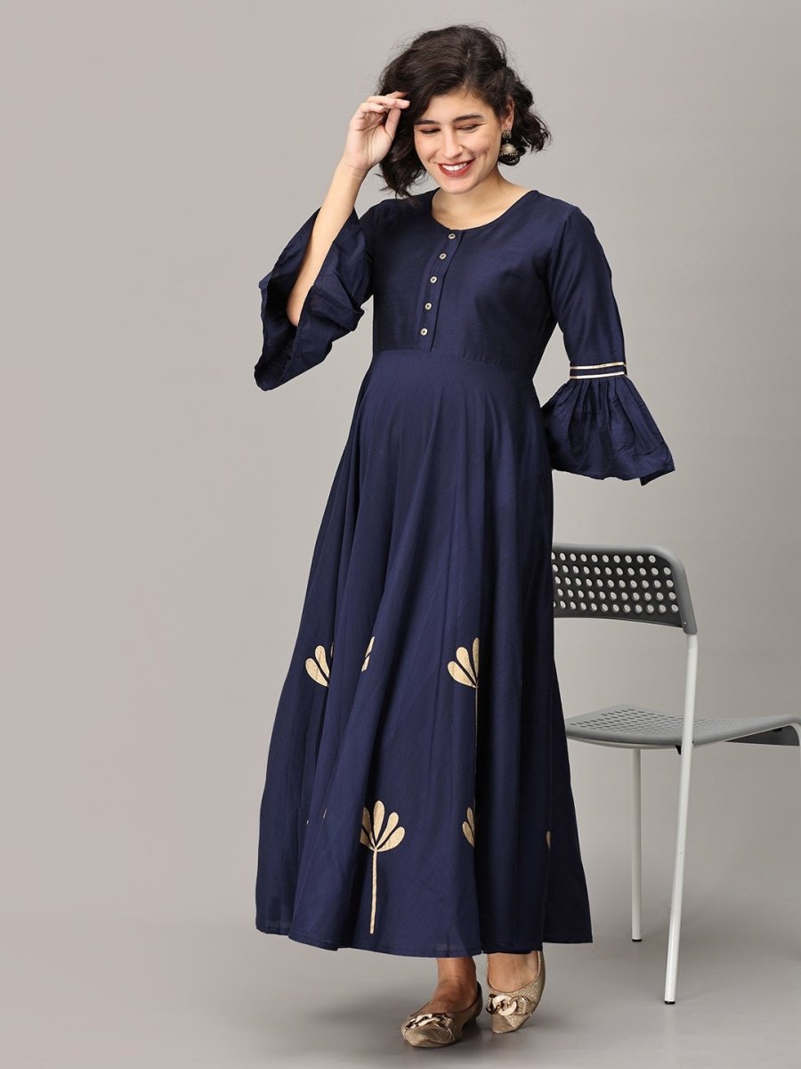  Navy Flared Floral Gold Foil Print Maternity and Nursing Kurti Navy