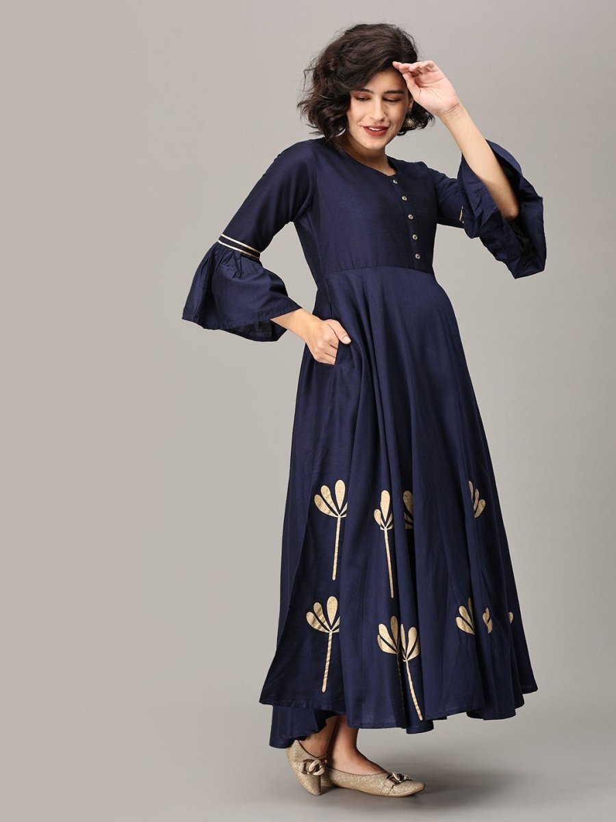  Navy Flared Floral Gold Foil Print Maternity and Nursing Kurti Navy