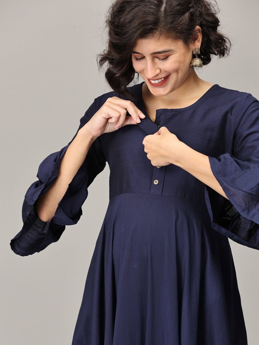  Navy Flared Floral Gold Foil Print Maternity and Nursing Kurti Navy