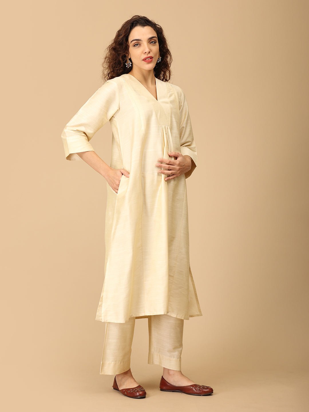  Noorlan Maternity and Nursing Silk Kurta Set Off White
