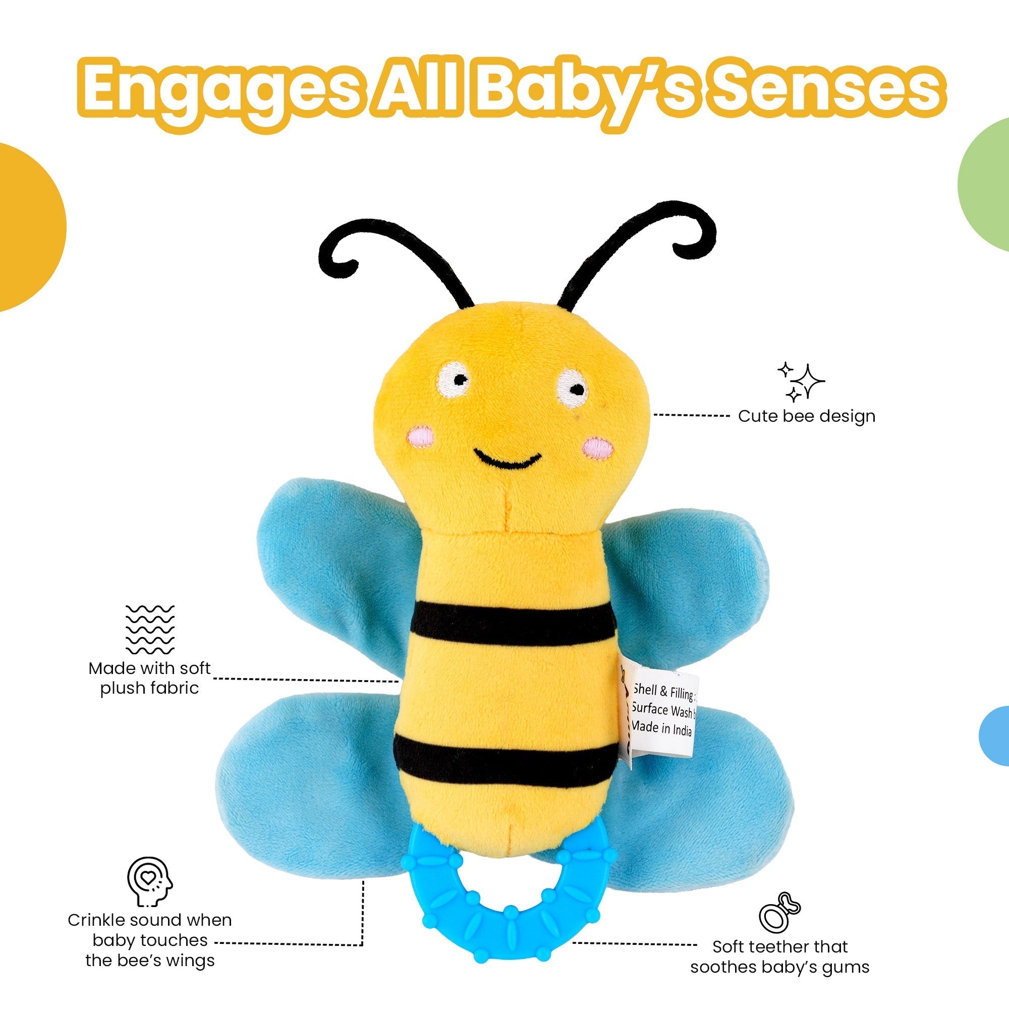 Crinkly Bee Plush Sensory Teether Toy For Babies