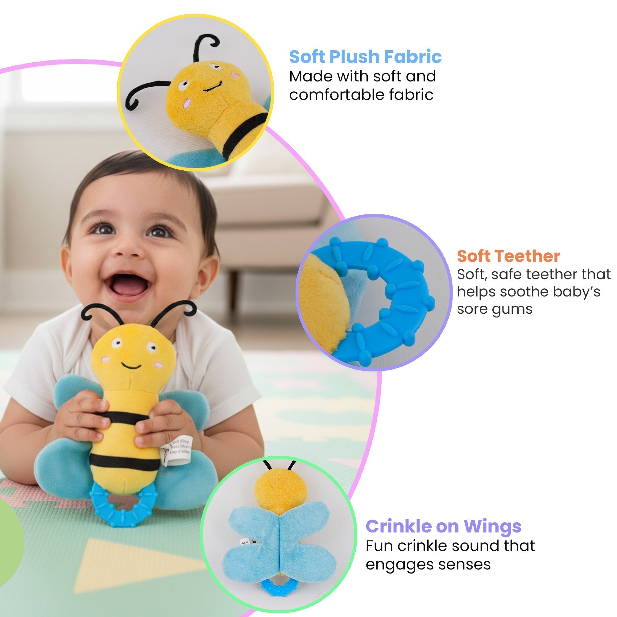 Crinkly Bee Plush Sensory Teether Toy For Babies