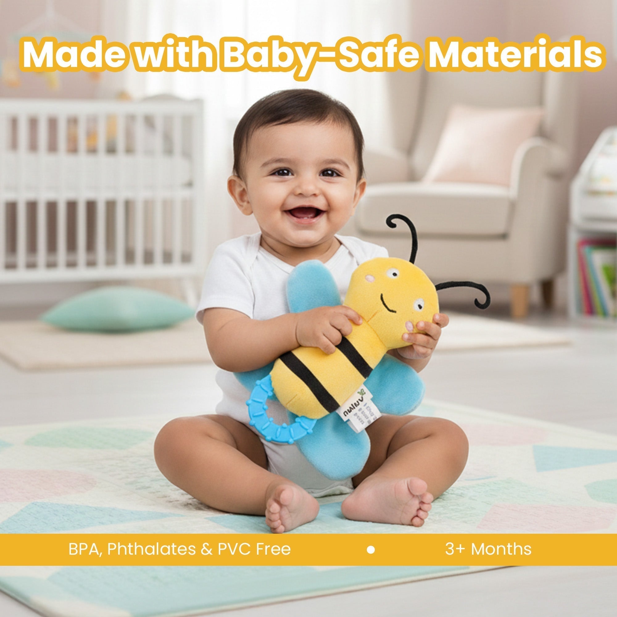 Crinkly Bee Plush Sensory Teether Toy For Babies