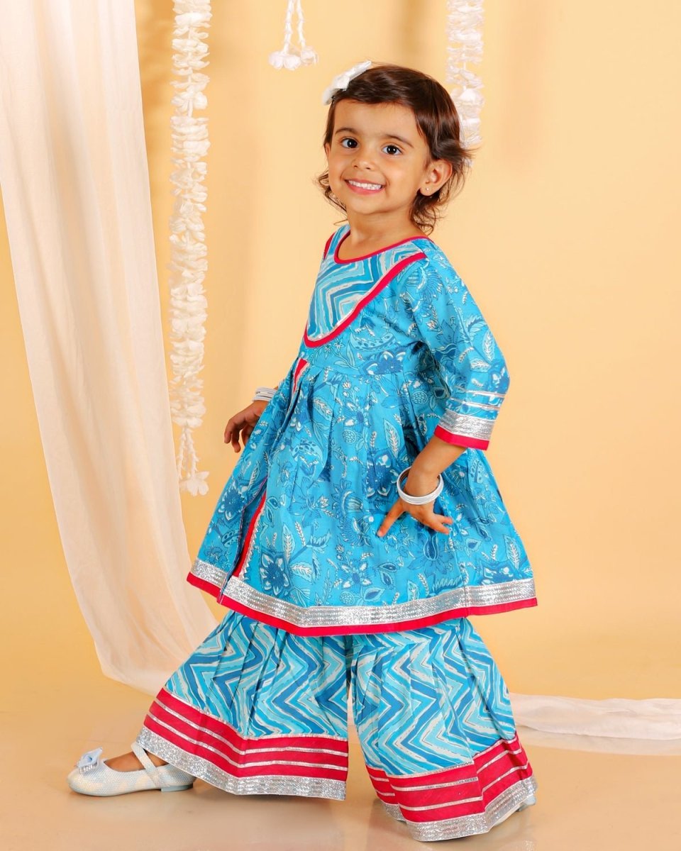 Ocean Blue Girls Anarkali Sharara Set