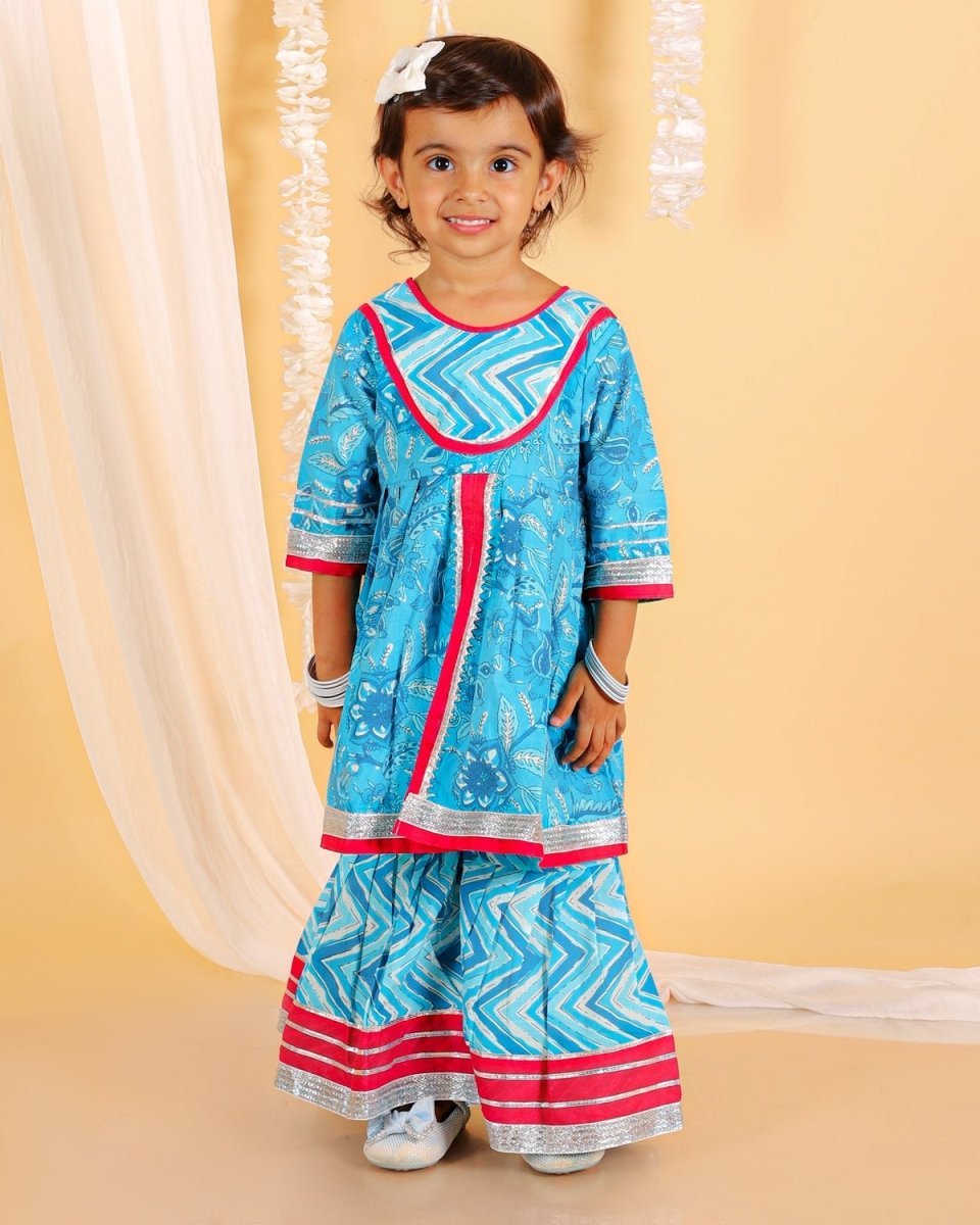 Ocean Blue Girls Anarkali Sharara Set