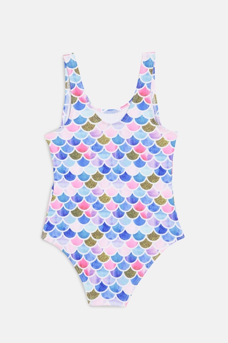 Mermaid Print Sleeveless Girls Swimsuit With Headband