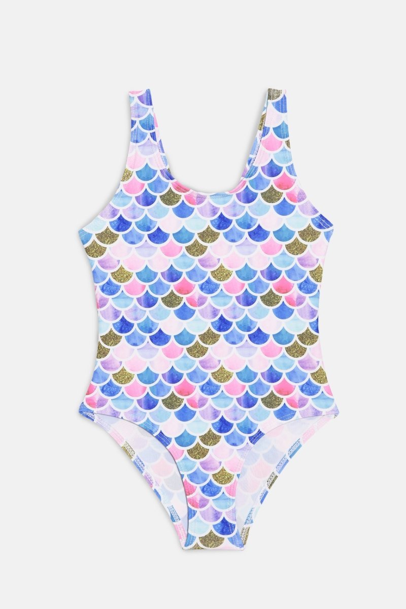 Mermaid Print Sleeveless Girls Swimsuit With Headband