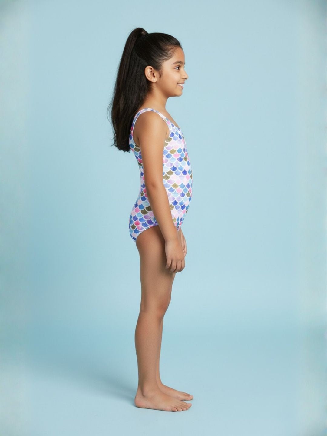 Mermaid Print Sleeveless Girls Swimsuit With Headband