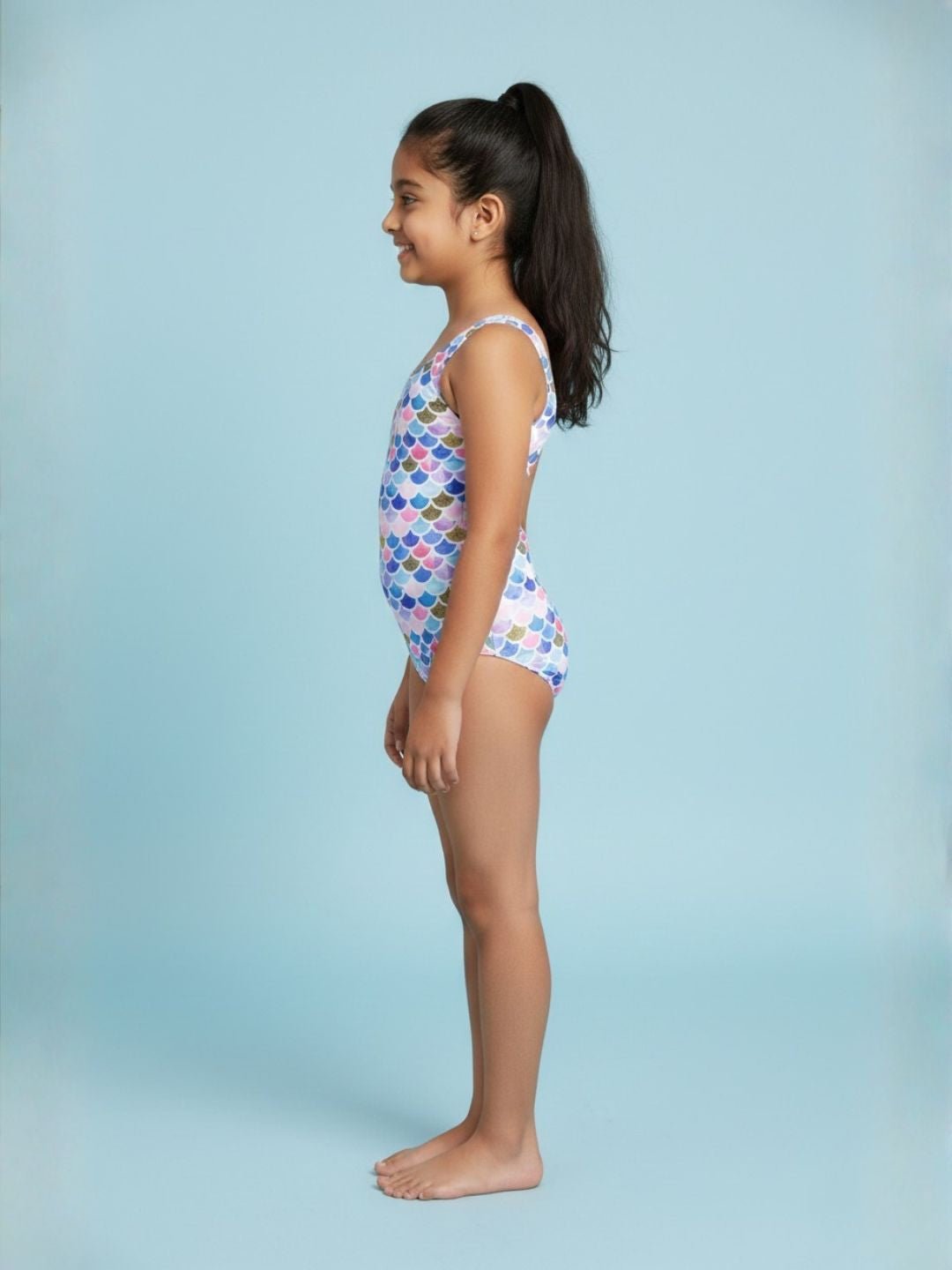 Mermaid Print Sleeveless Girls Swimsuit With Headband