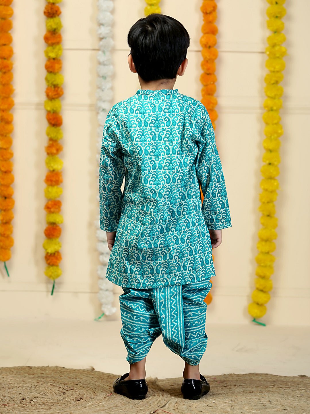 Oceanic Elegance Aqua Printed Boys Dhoti Kurta Set