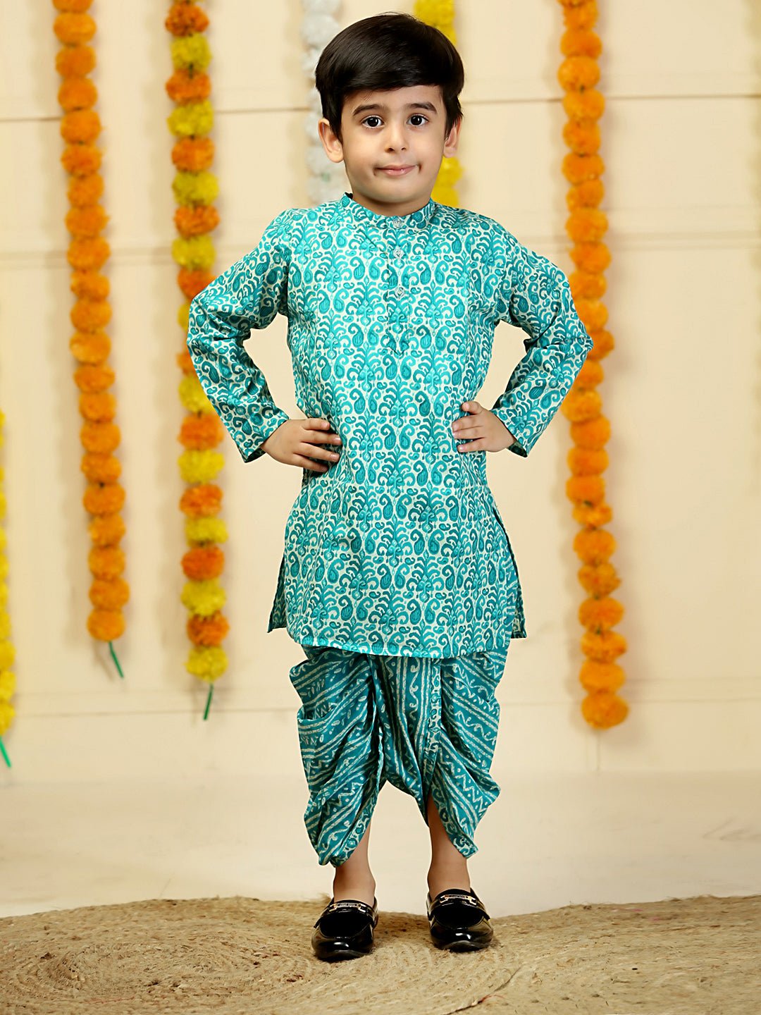 Oceanic Elegance Aqua Printed Boys Dhoti Kurta Set