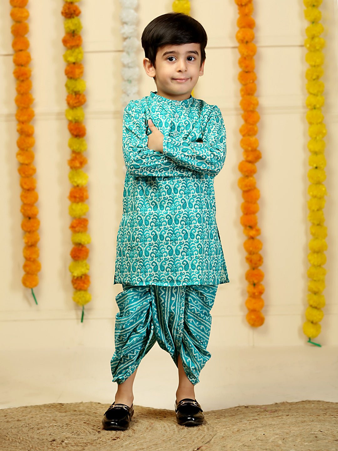 Oceanic Elegance Aqua Printed Boys Dhoti Kurta Set