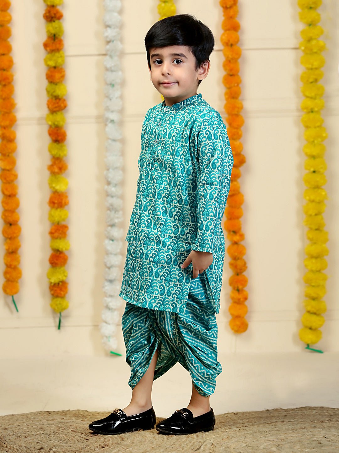 Oceanic Elegance Aqua Printed Boys Dhoti Kurta Set