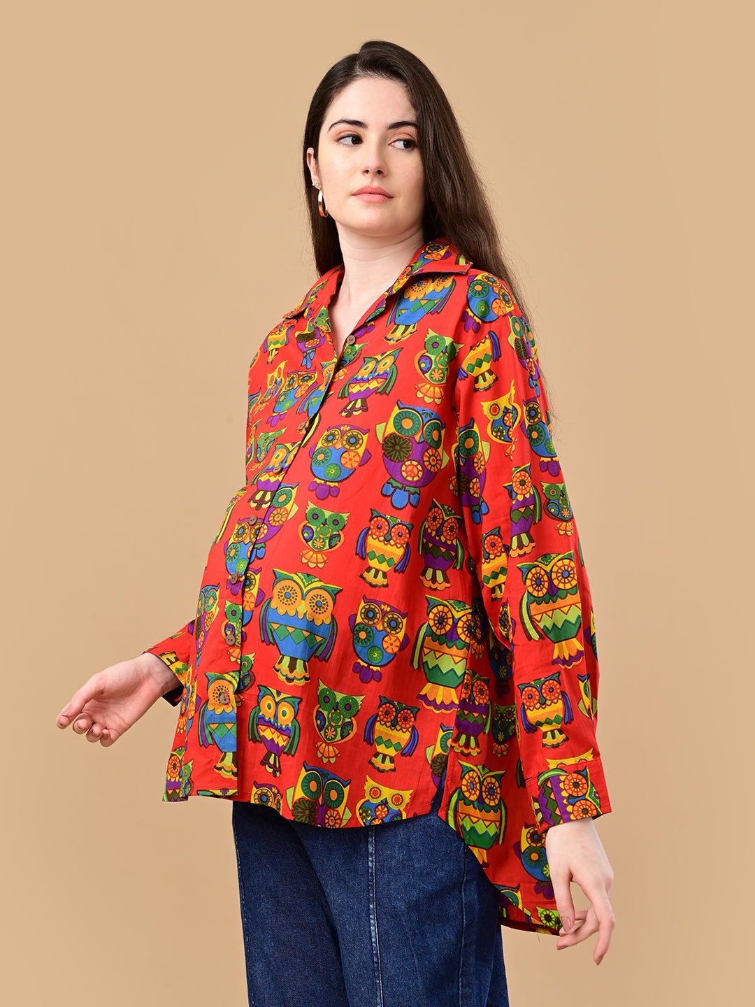  Owl You Need Maternity and Nursing Oversized Shirt Red