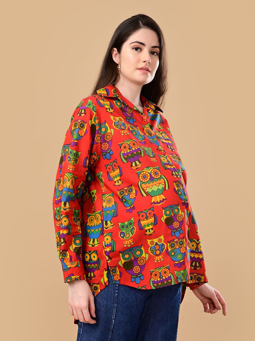  Owl You Need Maternity and Nursing Oversized Shirt Red