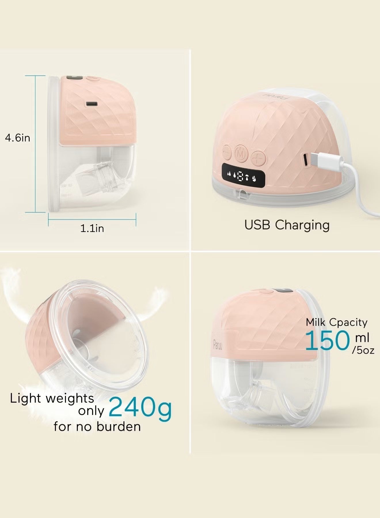 Paruu P10 Double Breast Pump Wearable Comfort Hands-Free Electric White