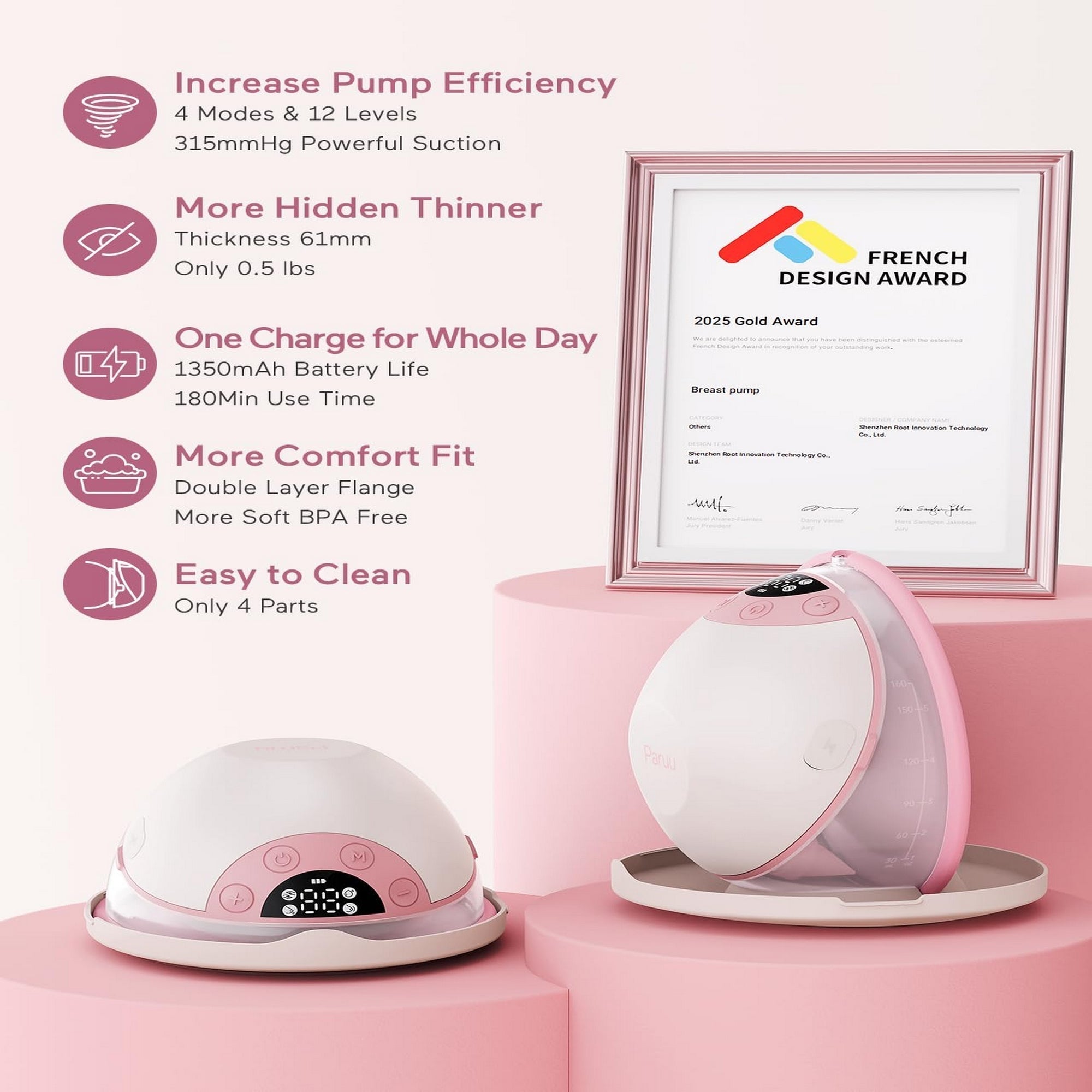 Paruu P20 Wearable Breast Pump Pink Hands Free Portable Electric 160ml