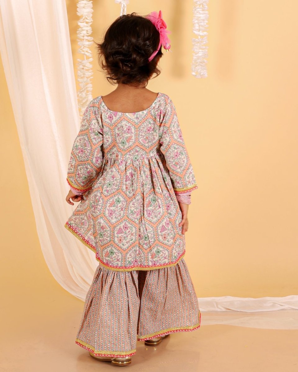 Pastel Peach Girls Anarkali Sharara Set