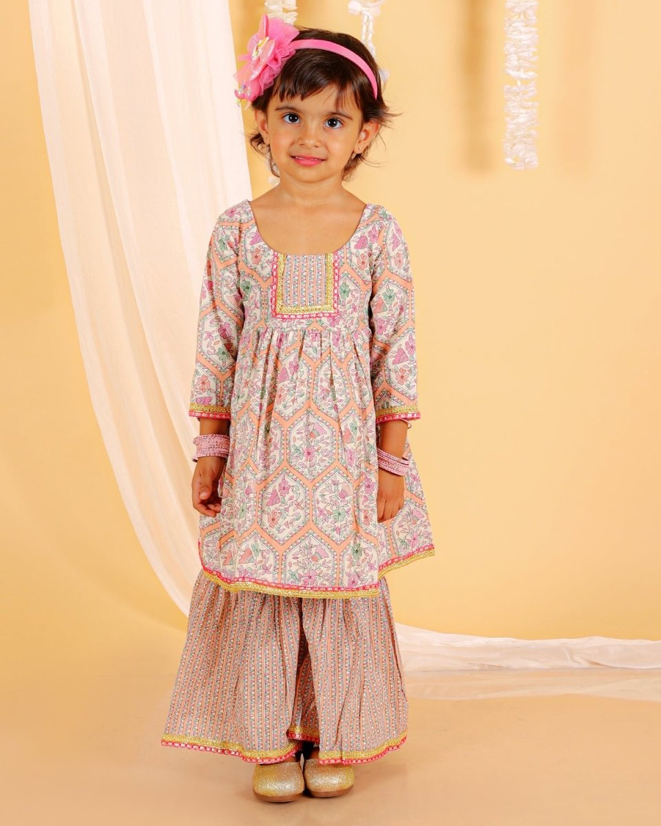 Pastel Peach Girls Anarkali Sharara Set