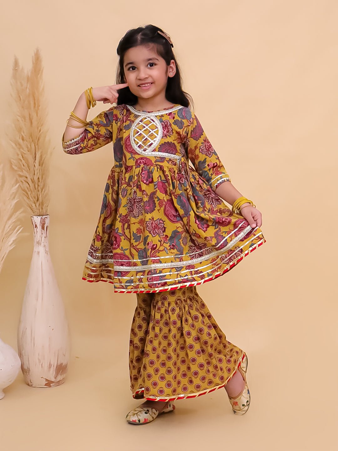 Peele Phool Block Print Girls Anarkali Sharara Set
