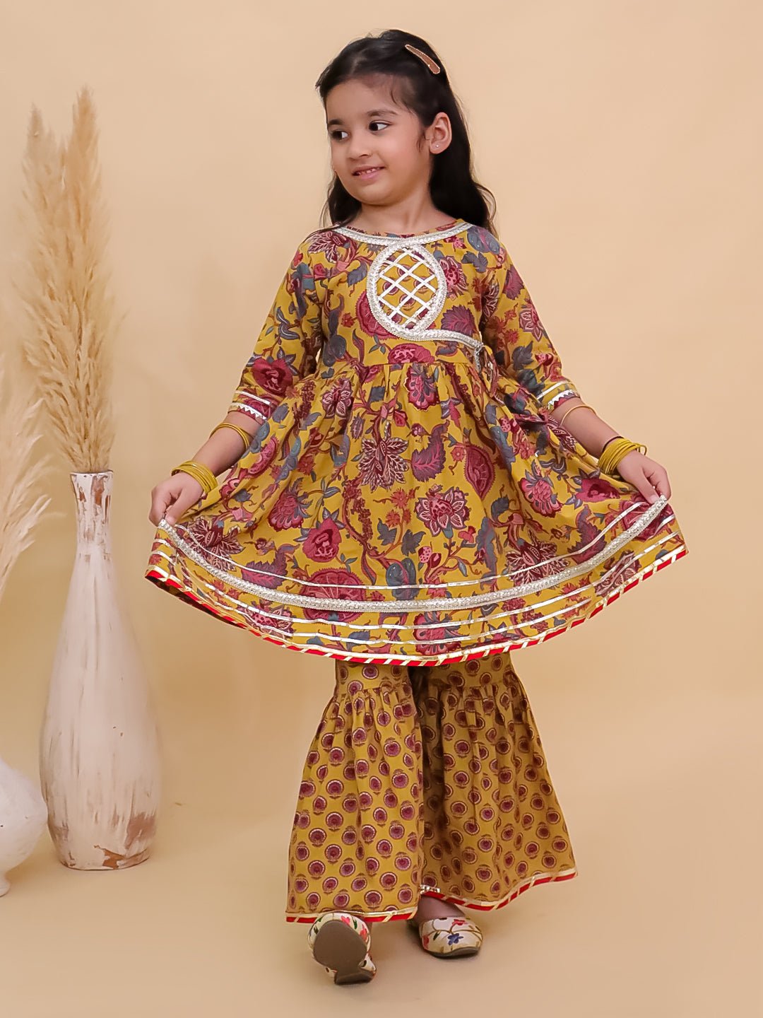 Peele Phool Block Print Girls Anarkali Sharara Set