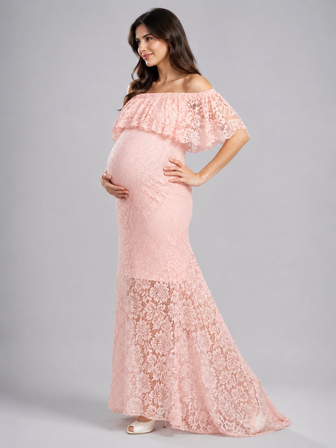  Petal Peach Maternity Lace Gown Peach