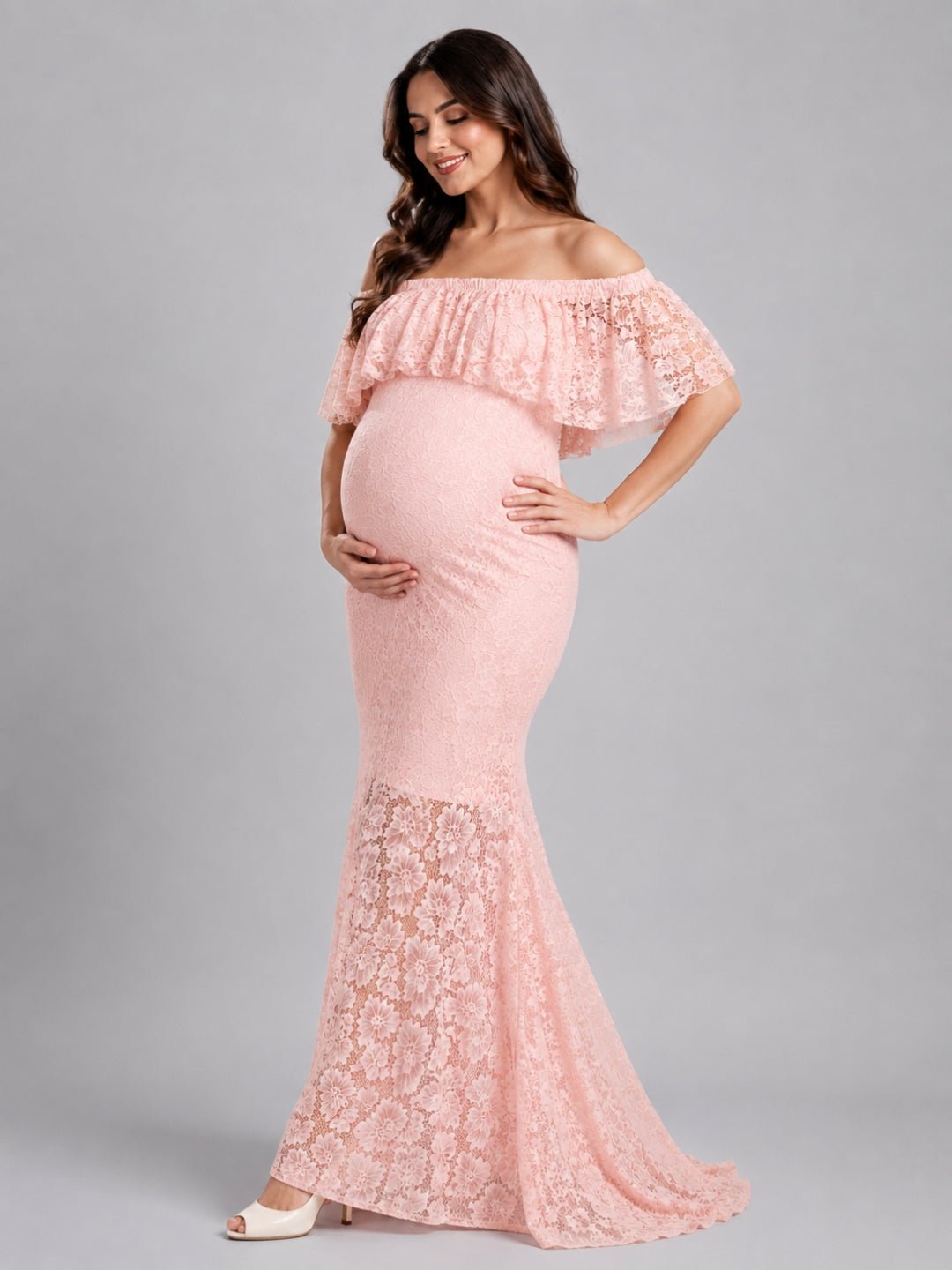  Petal Peach Maternity Lace Gown Peach