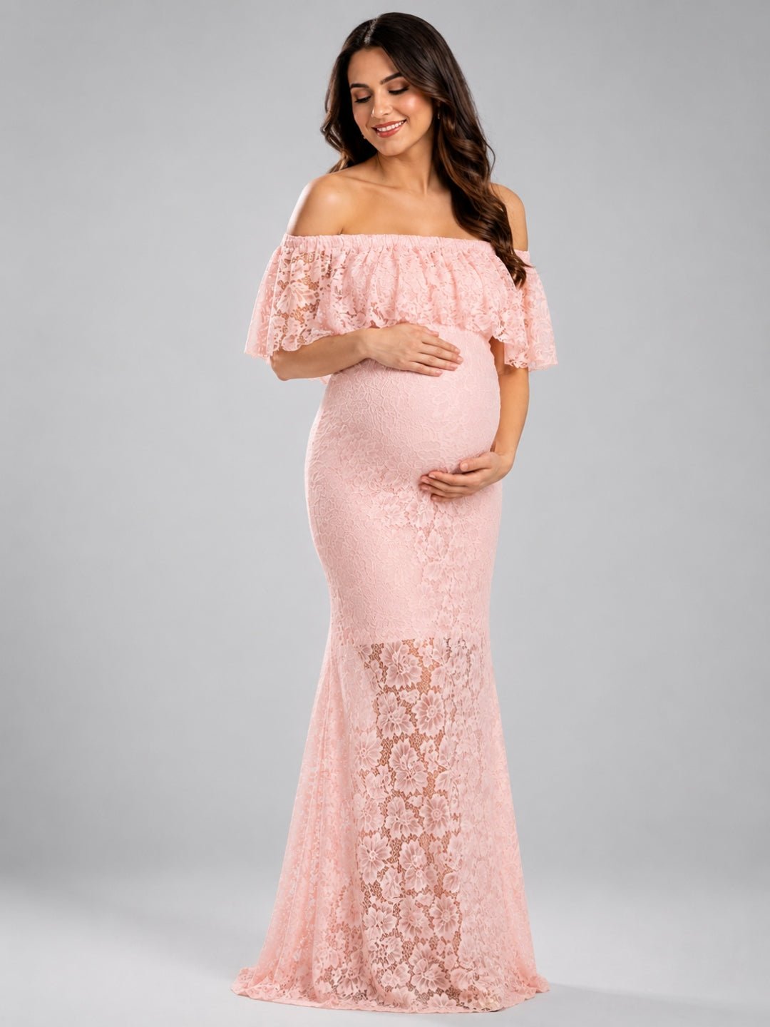  Petal Peach Maternity Lace Gown Peach