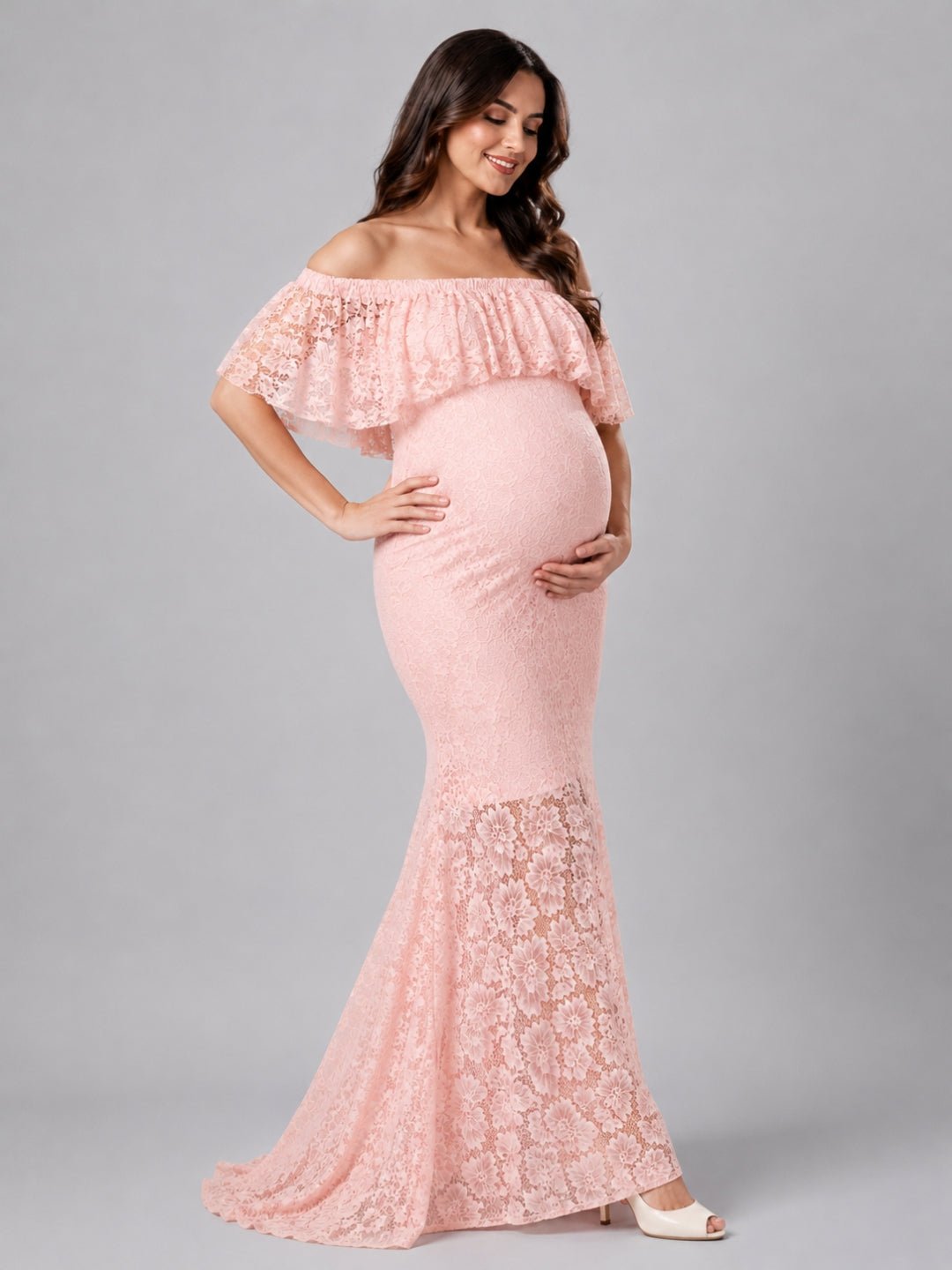  Petal Peach Maternity Lace Gown Peach