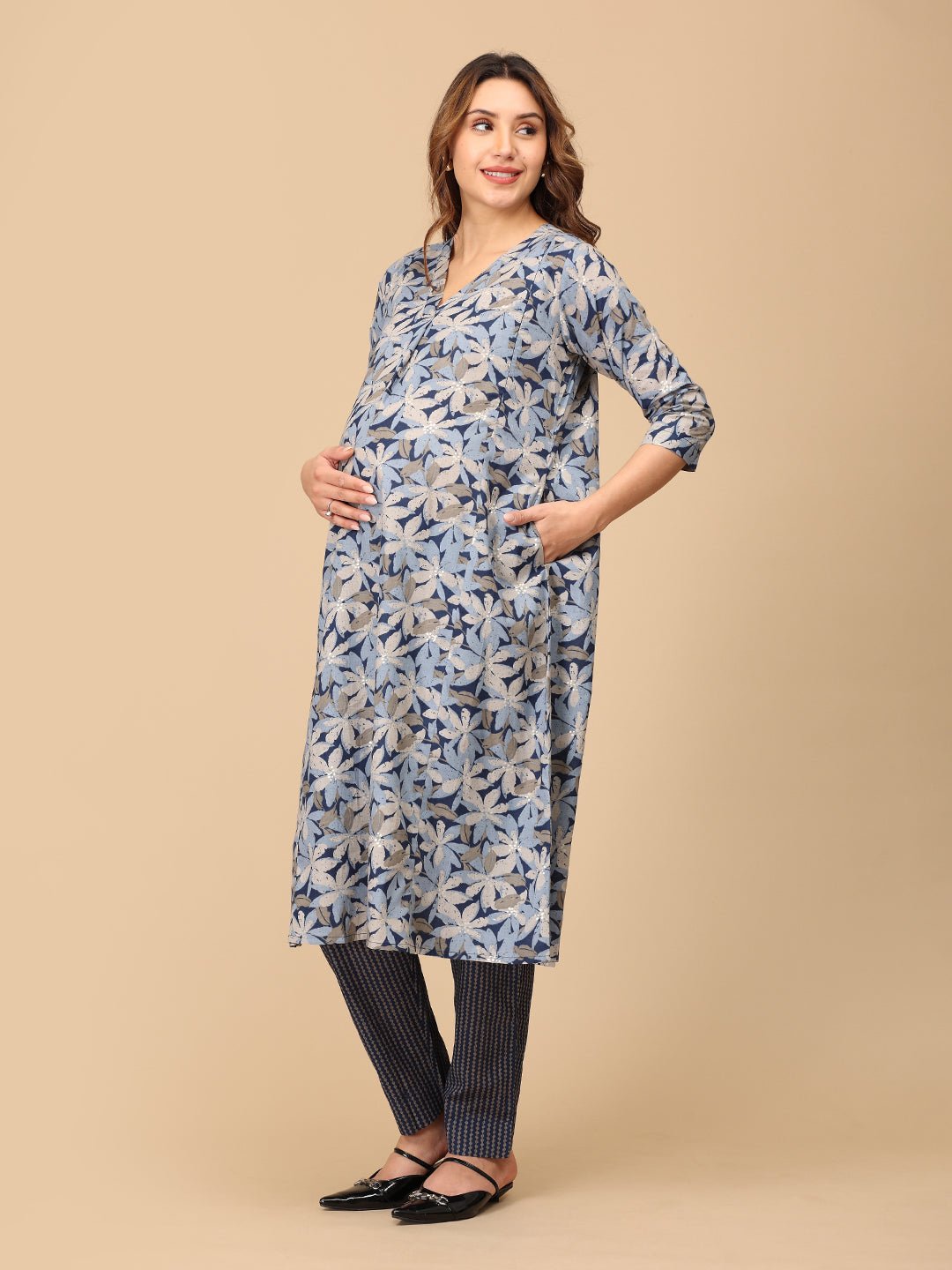  Phool On Navy Maternity and Nursing Kurta Set Navy