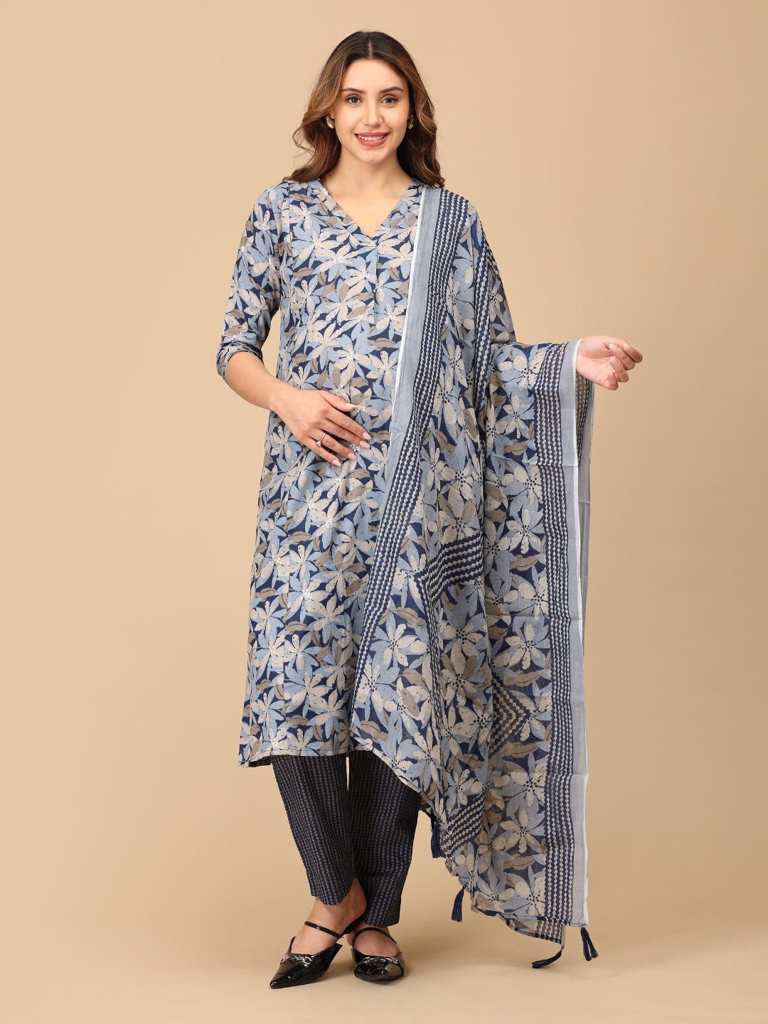  Phool On Navy Maternity and Nursing Kurta Set Navy