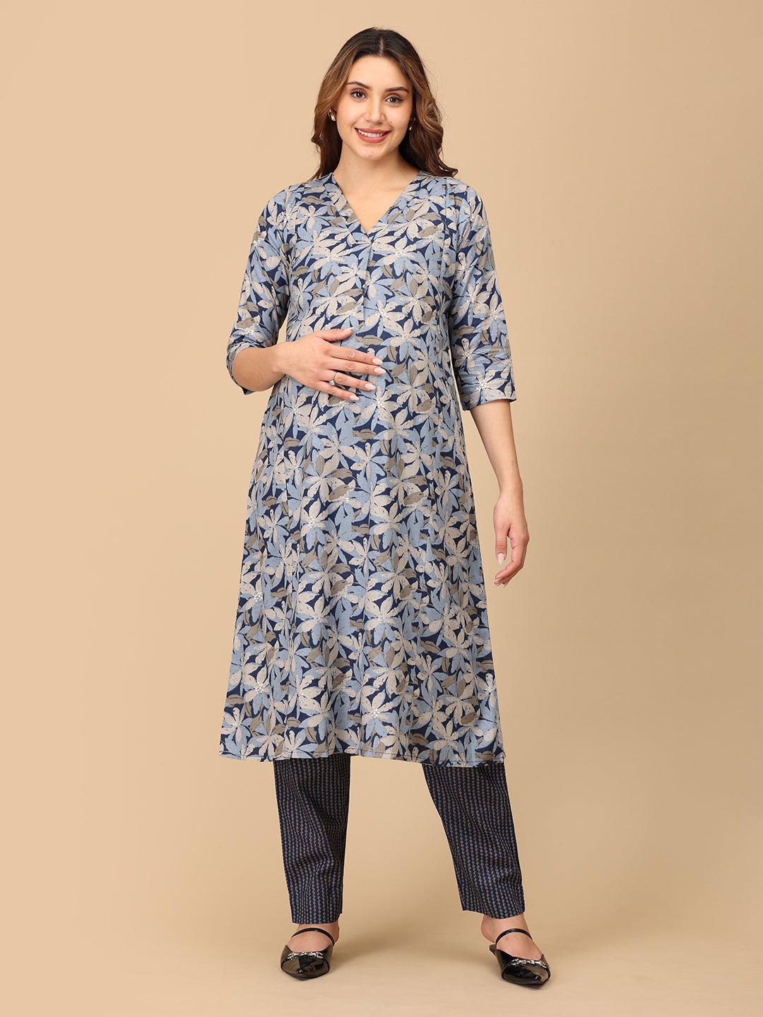  Phool On Navy Maternity and Nursing Kurta Set Navy