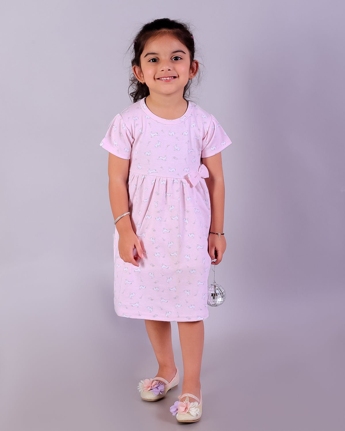 Pink Rabbit Print Girls Casual Dress