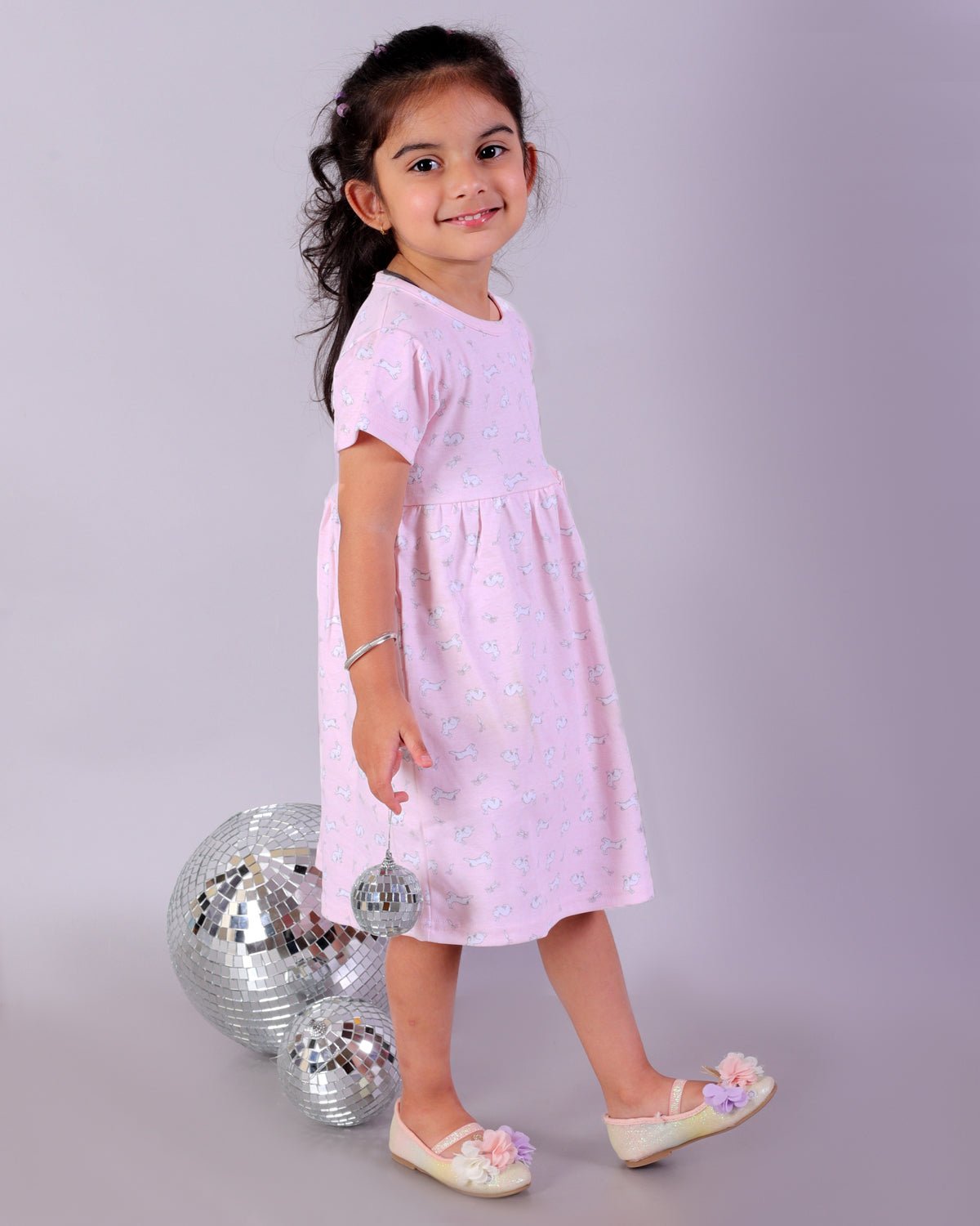 Pink Rabbit Print Girls Casual Dress