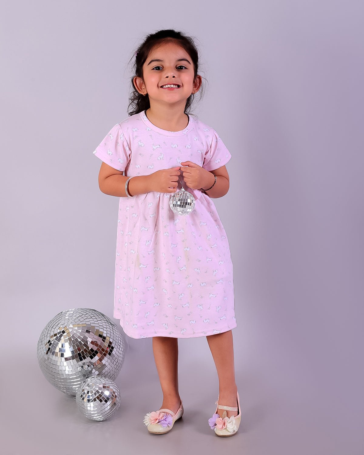 Pink Rabbit Print Girls Casual Dress
