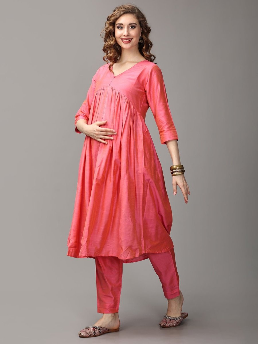  Pinking Perfect Maternity and Nursing Silk Kurta Set Pink