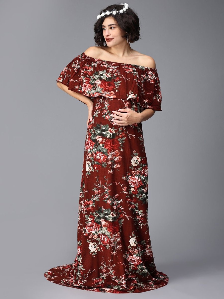  Plum And Done Floral Maternity Photoshoot Gown Maroon