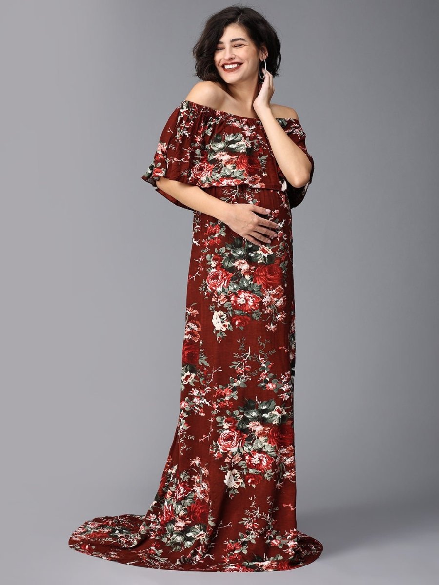  Plum And Done Floral Maternity Photoshoot Gown Maroon