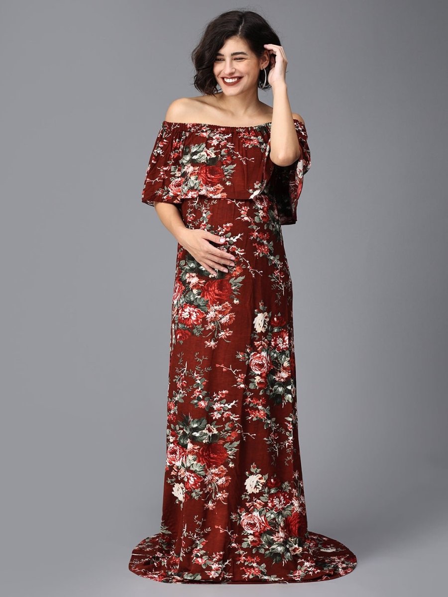 Plum And Done Floral Maternity Photoshoot Gown Maroon