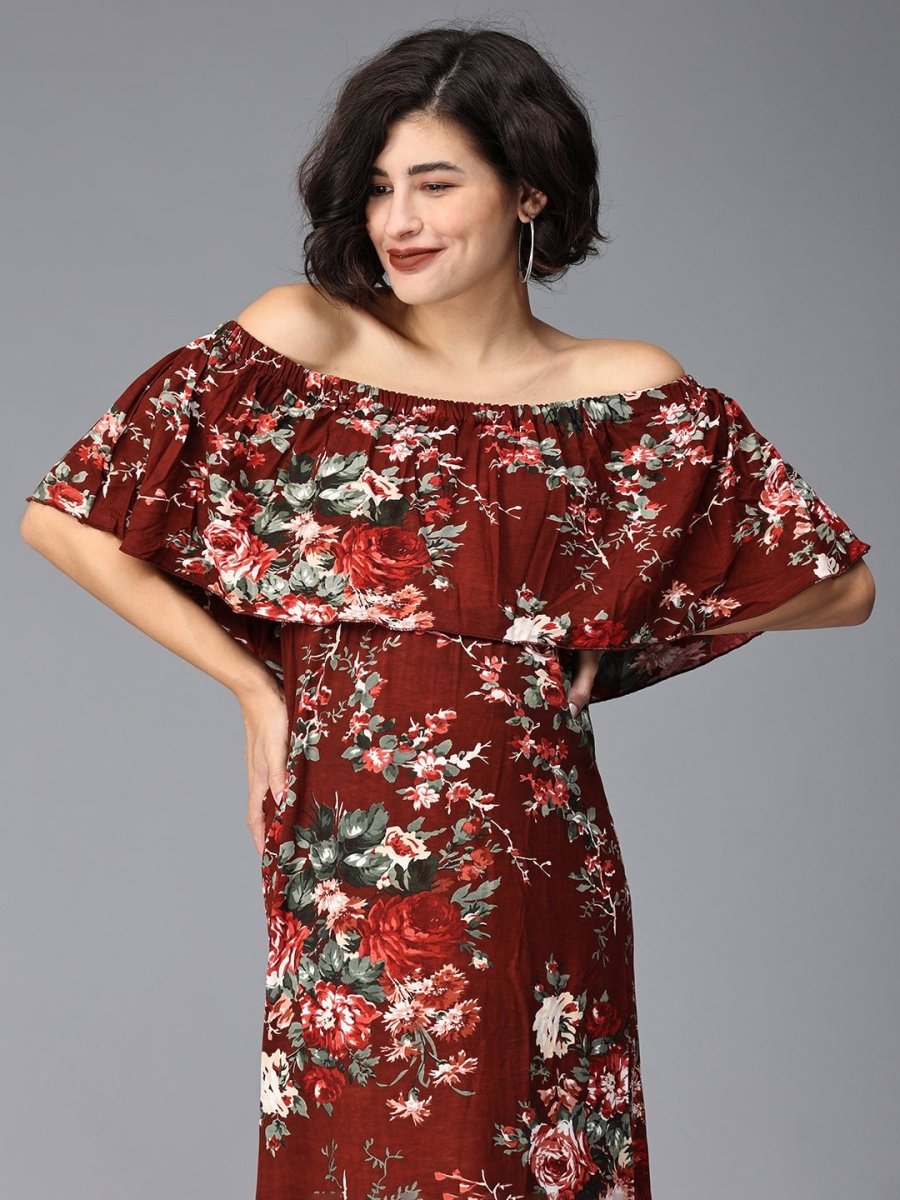  Plum And Done Floral Maternity Photoshoot Gown Maroon