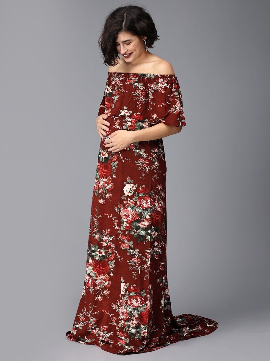  Plum And Done Floral Maternity Photoshoot Gown Maroon