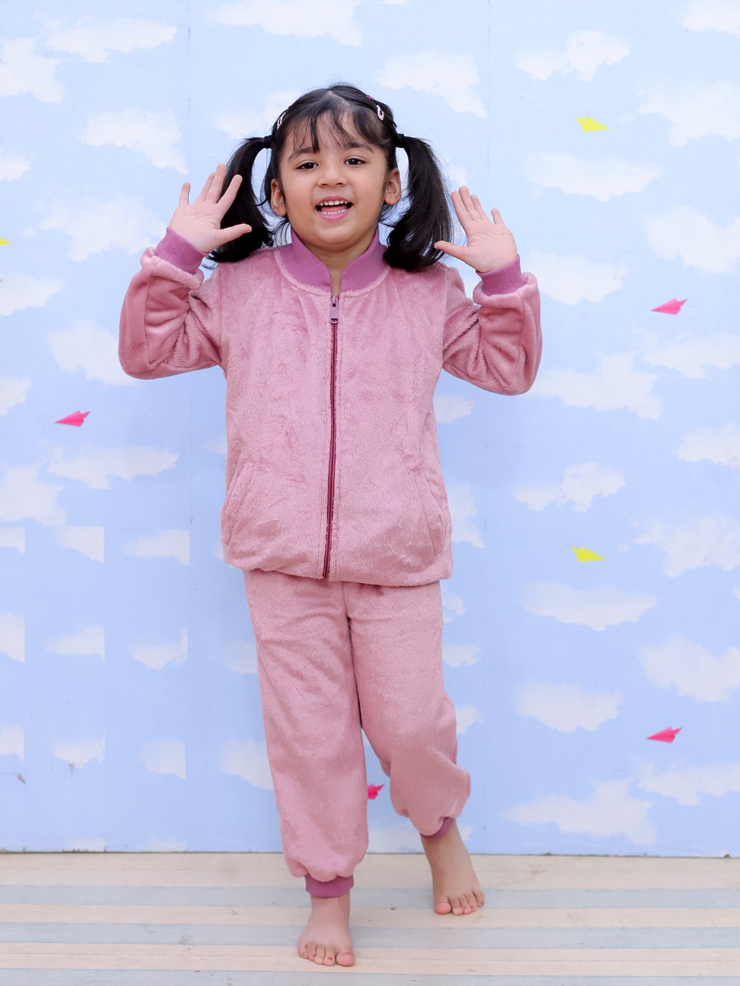  Puffin In Pink Fleece Zipper Jacket Sweatpants Set For Kids